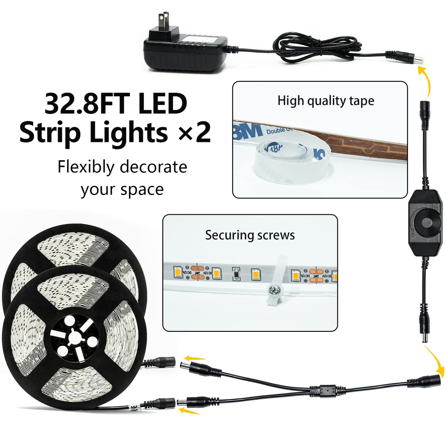 ollrieu LED Strip Lights 6000K Bright White Dimmable 65.6ft 1200 LEDs Flexible Lighting for Kitchen Under Cabinet Bedroom Wardrobe