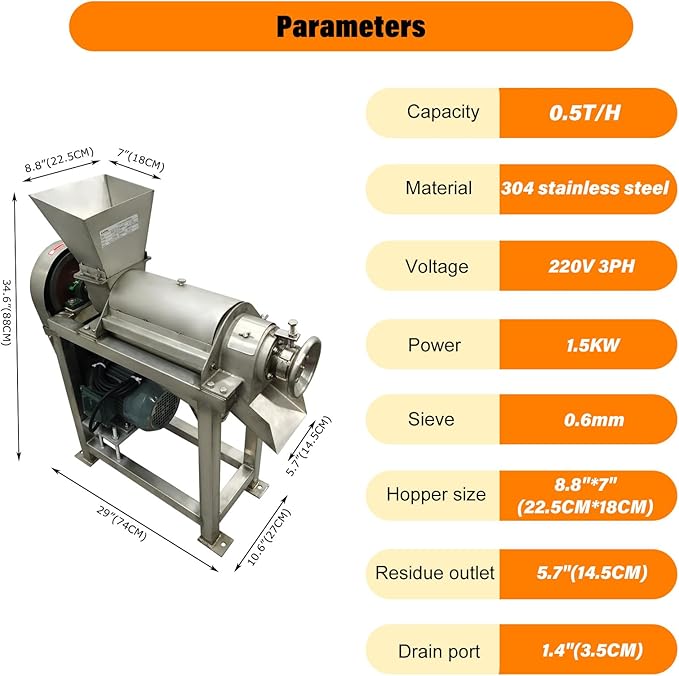 220V 3PH Commerical Fruit and Vegetable Juicer 0.5T/H Stainless Steel Fruit Juice Extractor Machine Industrial Automatic Spiral Multi-Functional Juicer 1500W