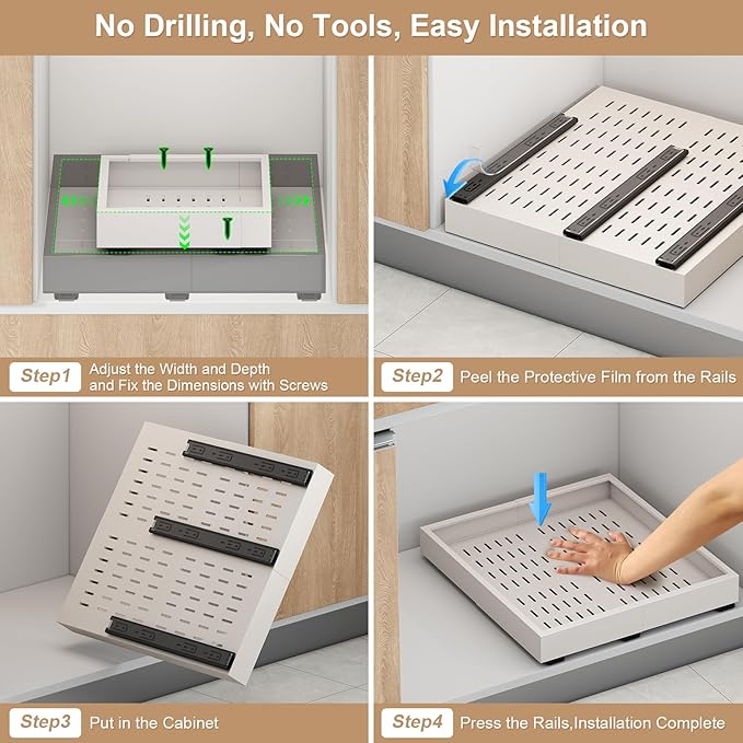 Pull out Cabinet Organizer,Width (11"-18") and Depth (10"-13") Expandable,No Drill Adjustable Slide out Drawers for Pantry,Adhesive Roll out Shelves Short,for upper cabinet,White