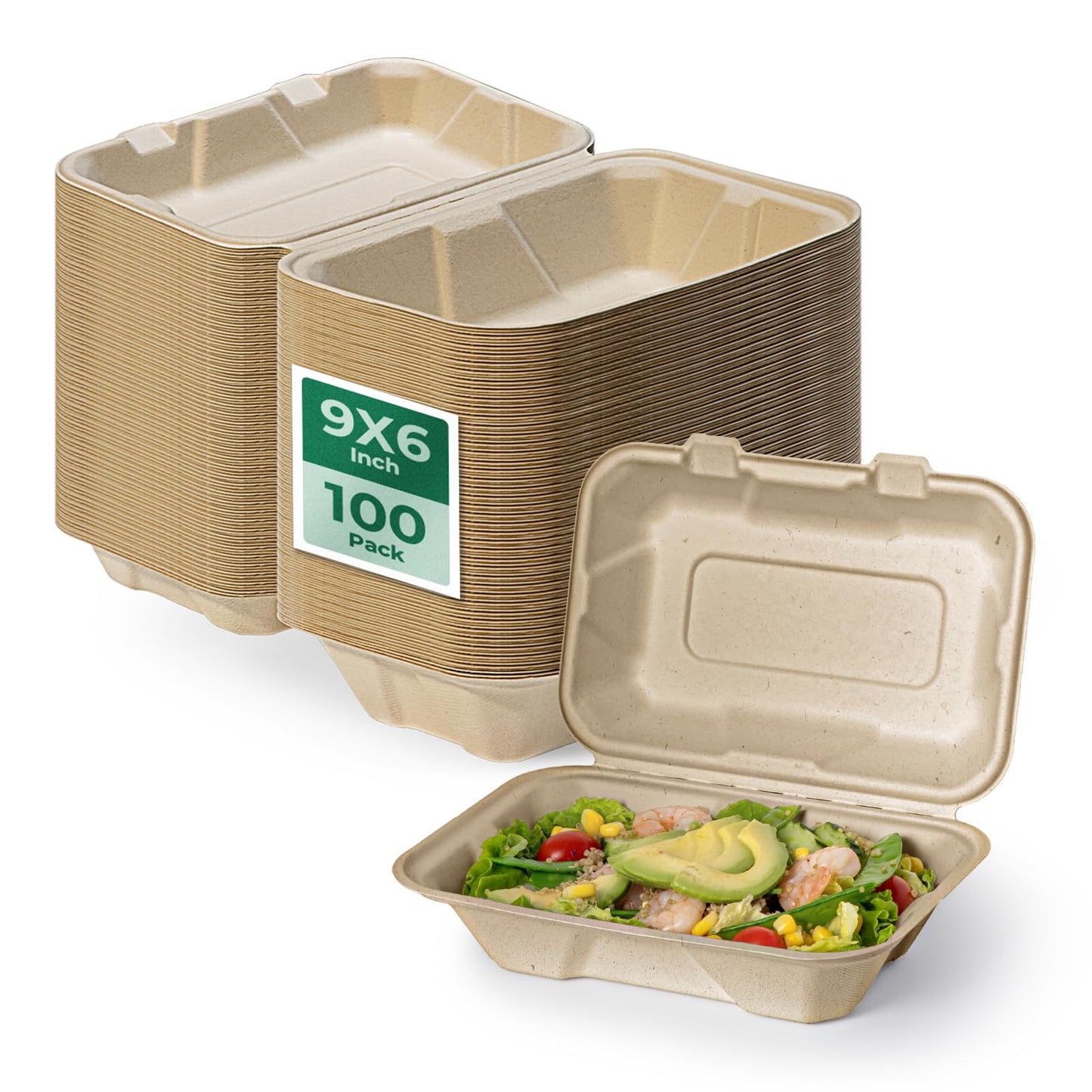 Fit Meal Prep 100 Pack 9x6 Compostable To Go Food Containers, Disposable To Go Boxes for Food, Lunch Boxes, Clamshell Take Out Containers with Lids, Eco Friendly Biodegradable, PFAS-Free, Bagasse