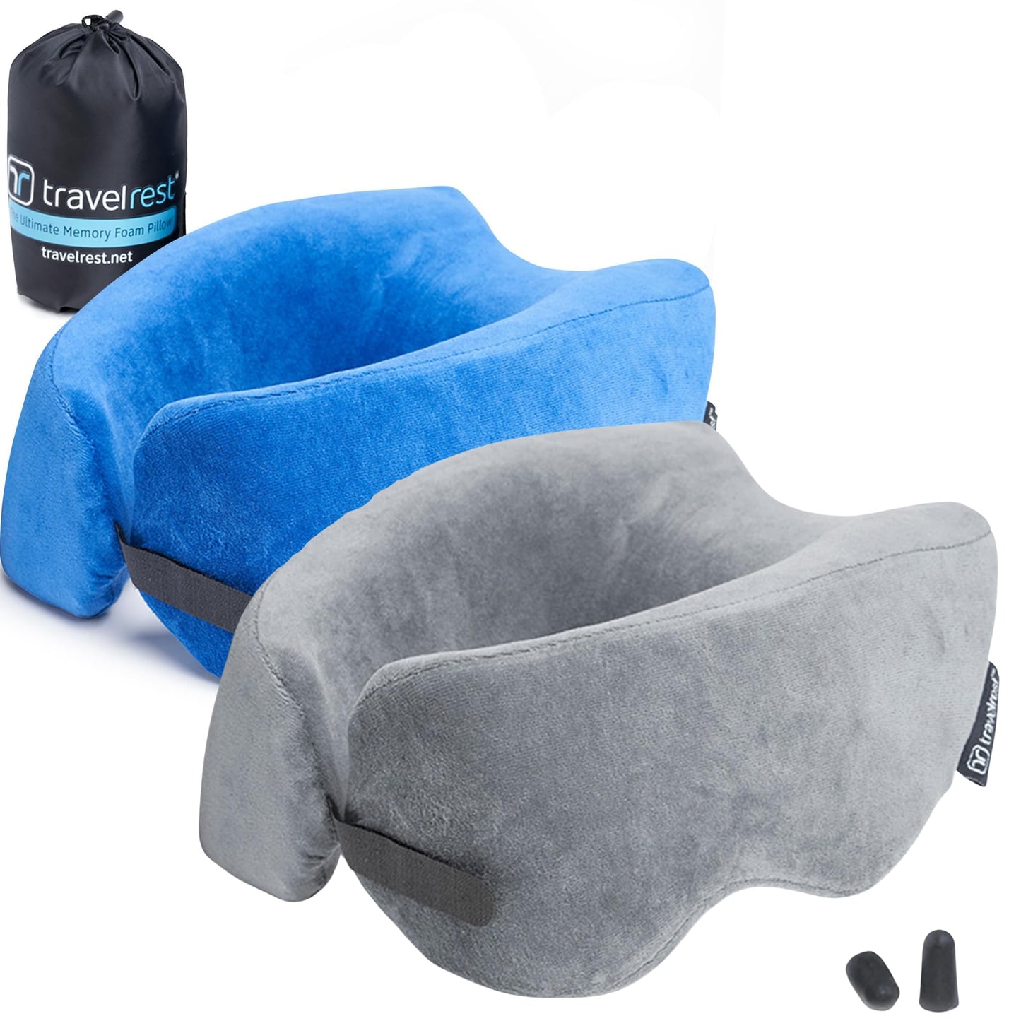TRAVELREST Nest Memory Foam Travel Pillow/Neck Pillow 2-Pack - Advanced Neck Support for Long Flights - Patented Design for Optimal Relaxation - Long Travel - Machine Washable - Blue & Grey