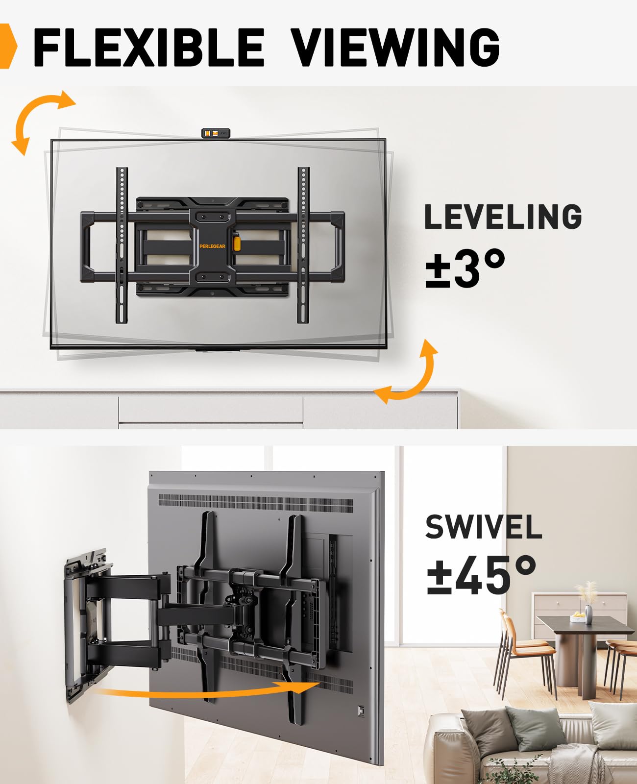 Perlegear Full Motion TV Wall Mount for Most 42–84 inch Flat Curved TVs up to 132 lbs, 12″/16″ Wood Studs, Bracket with Articulating Arms, Swivel, Tool-Free Tilt, Max VESA 600x400mm PGLF12