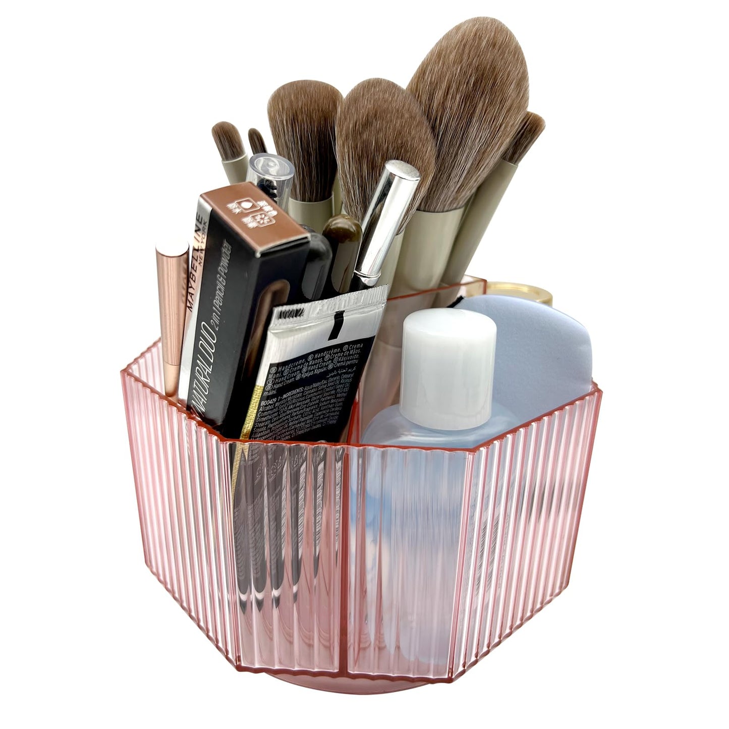 LiteTour Crystal Pink 360 Rotating Makeup Brush Organizer, Multi-Compartment Storage for Skincare, Cosmetic Tools, Vanity, Desk,