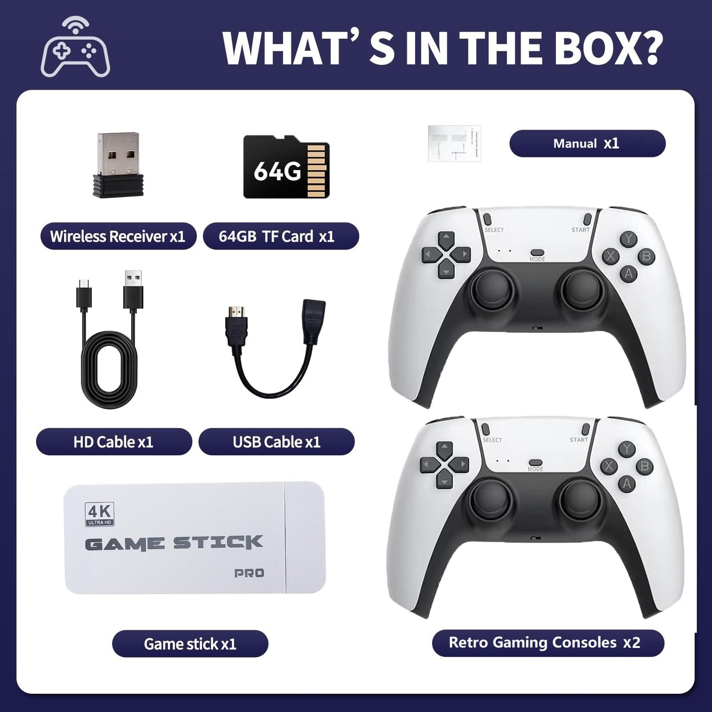 2025 Upgraded Wireless Retro gaming console, Plug & Play Video TV Game Stick with 4K Ultra HD,Built-in 23 Emulators, 20,000+ video games with Dual 2.4G white Wireless Controllers for TV Plug and Play(64G)