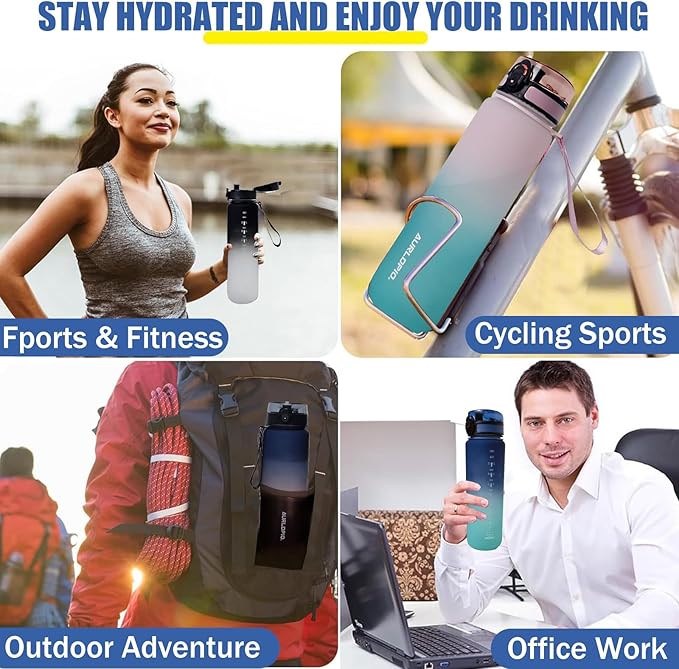 32oz/1L Water Bottle, Sports Water Bottle with Times to Drink & Lock Cover+Strainer,BPA-Free, Leakage Proof, Sports Drink Bottle for Bicycle, Outdoor, Gym, School, Reusable Daily(Blue-Red)