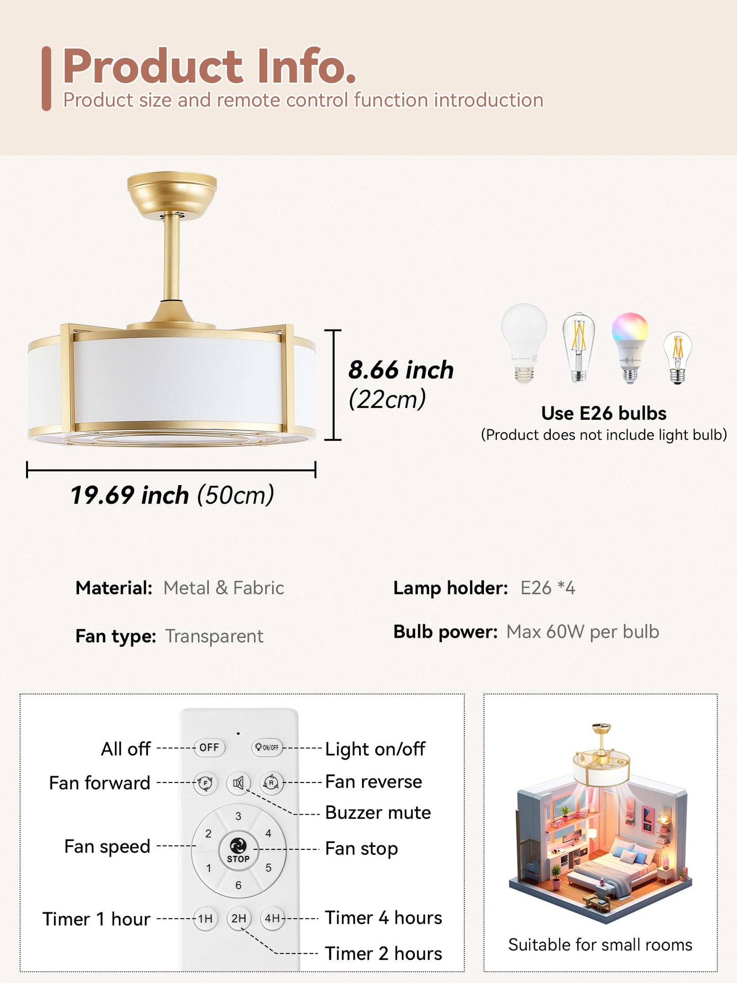 Ymkskj 20 Gold Fandelier Ceiling Fans With Lights, Boho Rattan Ceiling Fan With Light Remote Control, Caged Mid-Century Modern W