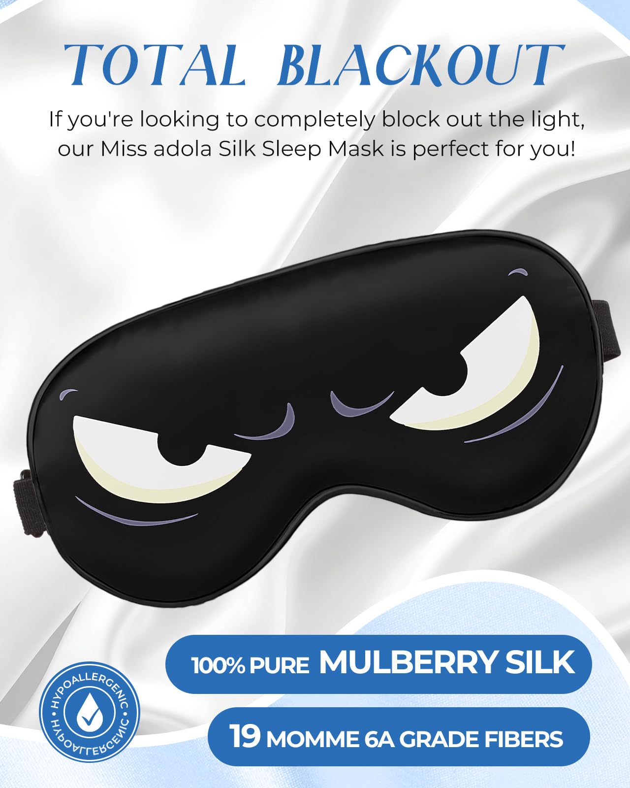 Miss Adola Sleep Mask for Kids - Silk Eye Mask for Sleeping Cute Cartoon Kids Sleep Mask for Boys Girls Teens Soft Smooth Adjustable Straps Silk Kids Eye Cover, Black White Eyes