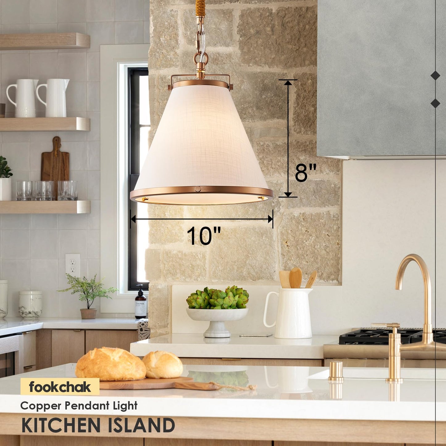 Fookchak Vintage Brass Pendant Light Kitchen Island 10Inch Linen Pendant Lights With Brass Hemp Rope Rod Modern Farmhouse Pendant Hanging Lighting For Kitchen Sink Dining Room Entryway Hallway