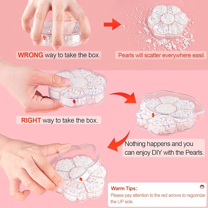 Nail Art Flat Back Half Round Pearl Kits 17, 1 Box of 6000 Pcs Flat-Back Pink AB Pearl with Tweezer and Picker Pencil for Home DIY Nails Body Face Craft and Salon Use