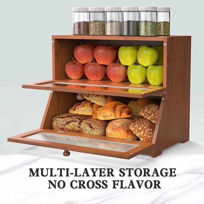 Bread Box for Kitchen Countertop: 2-Tier Bamboo Large Bread Storage Container,Brown