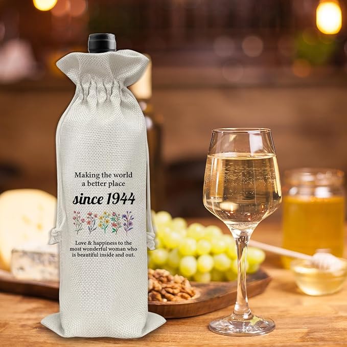 80th Birthday Gifts Wine Bag Congratulations Gifts for Women Men Parents Mom Dad Anniversary 1944 with Time Information Wine Gift Bag