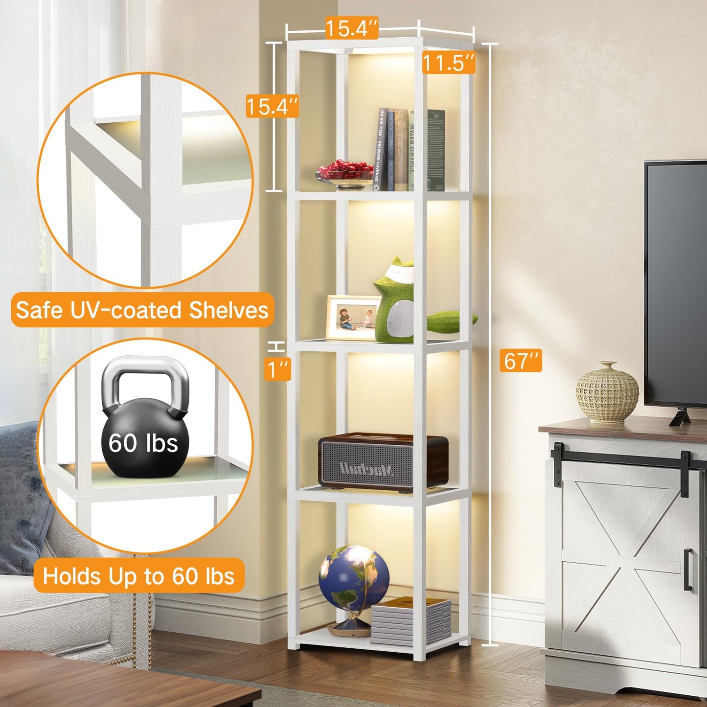 OUTON Glass Display Shelf with Dimmable LED Lamp, 5 Tier Bookshelf, White, Model ZSJ01