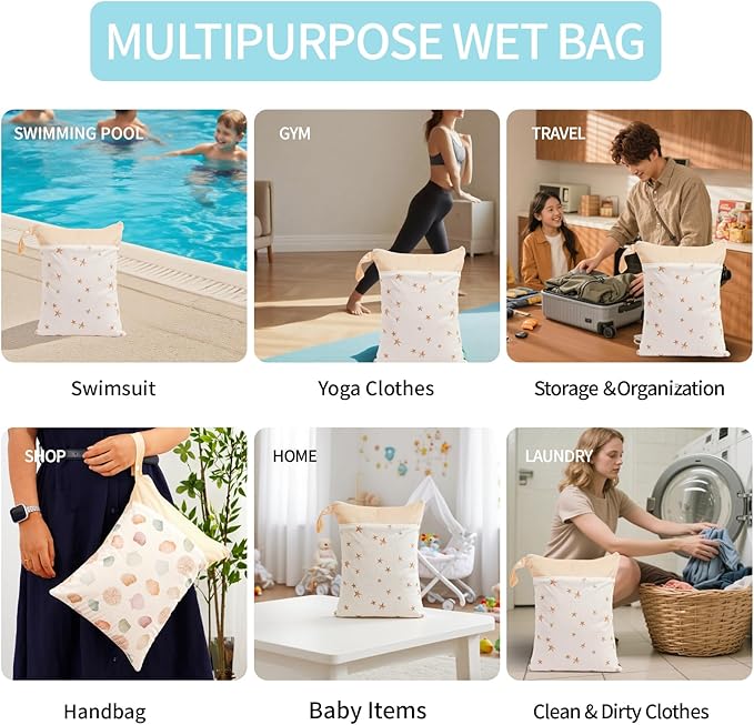 2pcs Wet Bags Waterproof Reusable Wet Dry Bag with Two Zippered Pockets Travel Beach Pool Daycare Yoga Gym Bag for Baby Cloth Diaper,Swimsuits,Wet Clothes (Shells & Starfish)