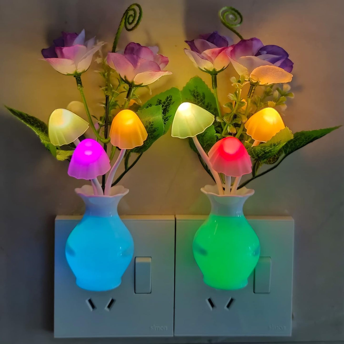 AUSAYE 4 Pack Plug in LED Night Light Sensor Rose Light, Energy Saving Lamp Dream Nightlight Rose Flower Mushroom Night Lights for Kids Adults Bedroom,Bathroom,Stairs,Kitchen,Hallway