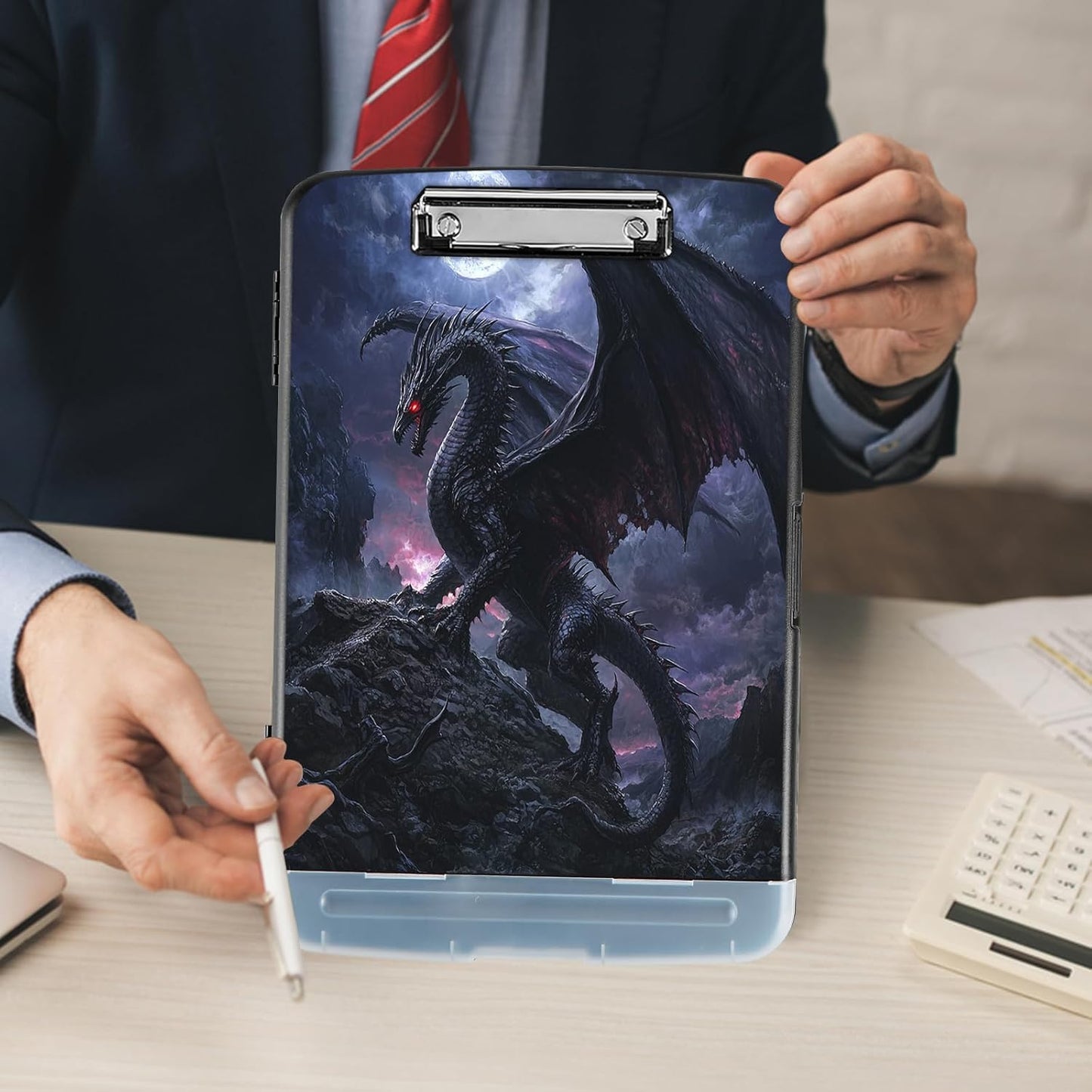 Clipboard with Storage - Large Capacity,Nursing Clipboard with Pen Holder,Heavy Duty,Plastic Side-Opening Folder for Teacher,Nurse - Black Dragon