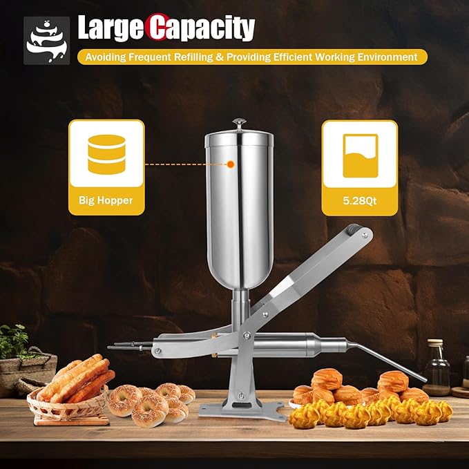 Commercial Donut Filler Machine, 5L Manual Donut Jelly Filler Injector with 1 Long Nozzle & 3 Short Nozzles, Stainless Steel Jelly Cream Filling Machine for Bakerie Restaurant Cafe