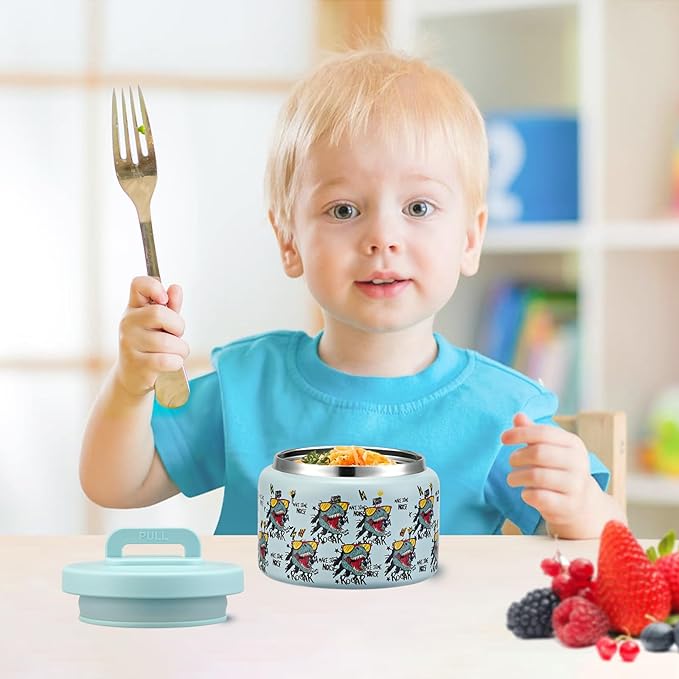 PIQUEBAR 8oz Kids Thermo for Hot Food,Small Lunch Thermos Food Container Stainless Steel,Easy Open Wide Mouth Thermo for Hot Cold Food for Preschool Travel (Blue Dinosaur)