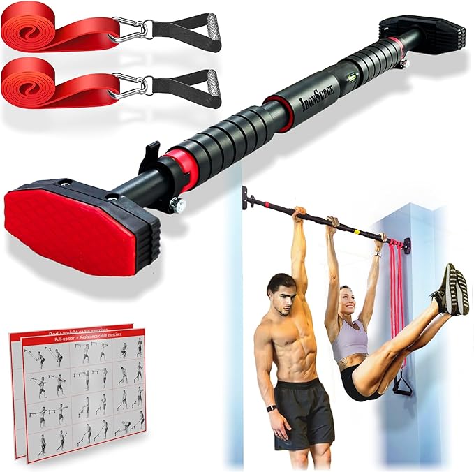 IRONSURGE Pull Up Bar for Hallway or Doorway 6-piece Set with Two Attachable Resistance Bands/Handles, Training Manuals, N...