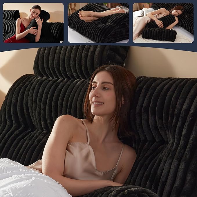 Faux Fur Headboard Pillow with 2 Pack Neck Roll Pillow Large Headboard Pillow Soft and Supportive with Removable Cover (Black, King)