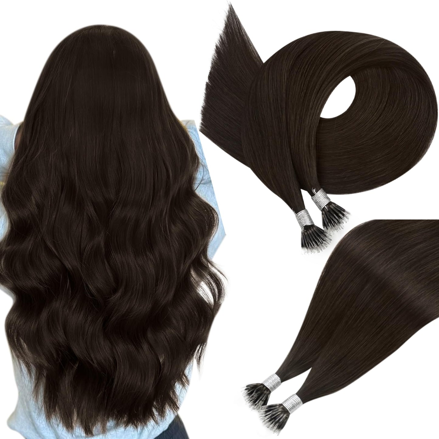 Easyouth Nano Hair Extensions Human Hair Brown Nano Bead Hair Extensions Dark Brown 22 Inch 50g 50s Invisible Nano Loop Hair Ext