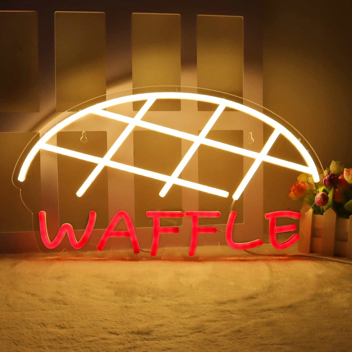 JFLLamp Neon Wall Sign for Bedroom, 16.2x9 Inch, Warm White & Red, Model NS-Waffle-001, Plastic Material, Waffle Color