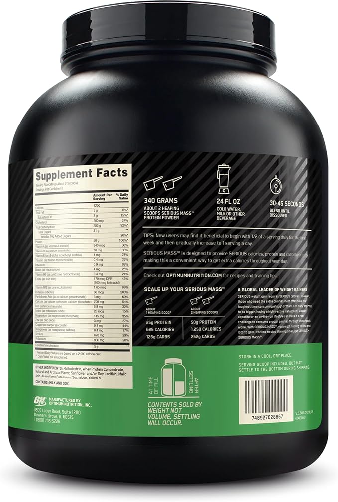 Optimum Nutrition Serious Mass, Weight Gainer Protein Powder, Mass Gainer, Vitamin C and Zinc for Immune Support, Creatine, Banana, 6 Pound (Packaging May Vary)