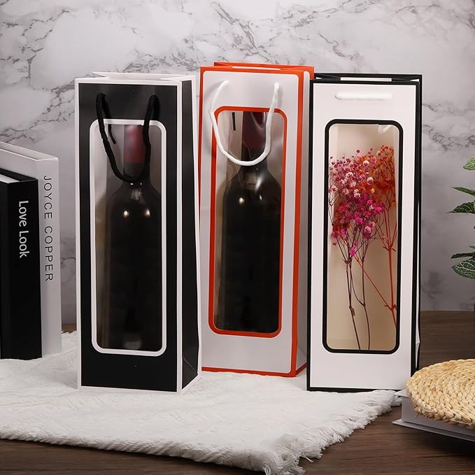 uxcell Wine Bags, 12pcs 4.92"x3.35"x14.2" Wine Gift Bags with Rope Handles, Paper Wine Tote Bag with Clear Window for Wedding Birthday Christmas Party Supplies, Silver