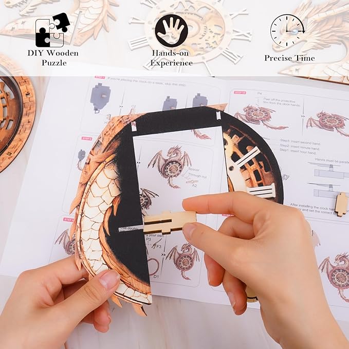 3D Wooden Puzzles for Adults – Dragon Clock 3D Puzzles Art and Craft Kits, Unique Shape Wood Clock for Adults, Handmade Model Building Kit DIY Hobbies, Gifts for Family, Wall Art Home Decor