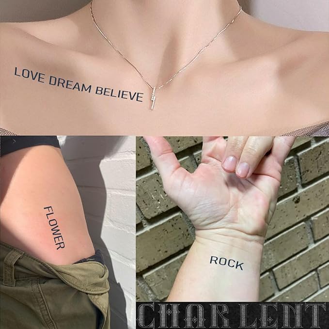 CHARLNET English Letters Semi-Permanent Tattoos for Adult - 2 Weeks Long Last Letters Fake Tattoos for Women Men Finger Neck Body/Fades Naturally/No Reflection/Waterproof,DIY Letters Stickers