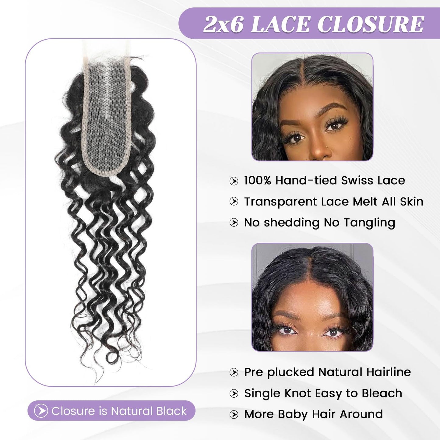 DSEKCAIN 2x6 HD Lace Closure Water Wave Human Hair Water Wave Transparent Lace Closure 2x6 Long Middle Part 100% Raw Virgin Huma