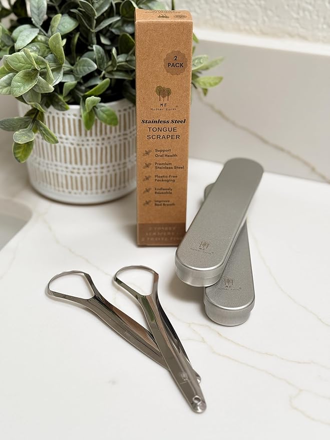 Me Mother Earth 2 pack Stainless Steel Tongue Scraper for Adults with 2 Metal Travel Cases – Durable Metal Cleaner for Oral Care, Fresh Breath, and Eco-Friendly Dental Care