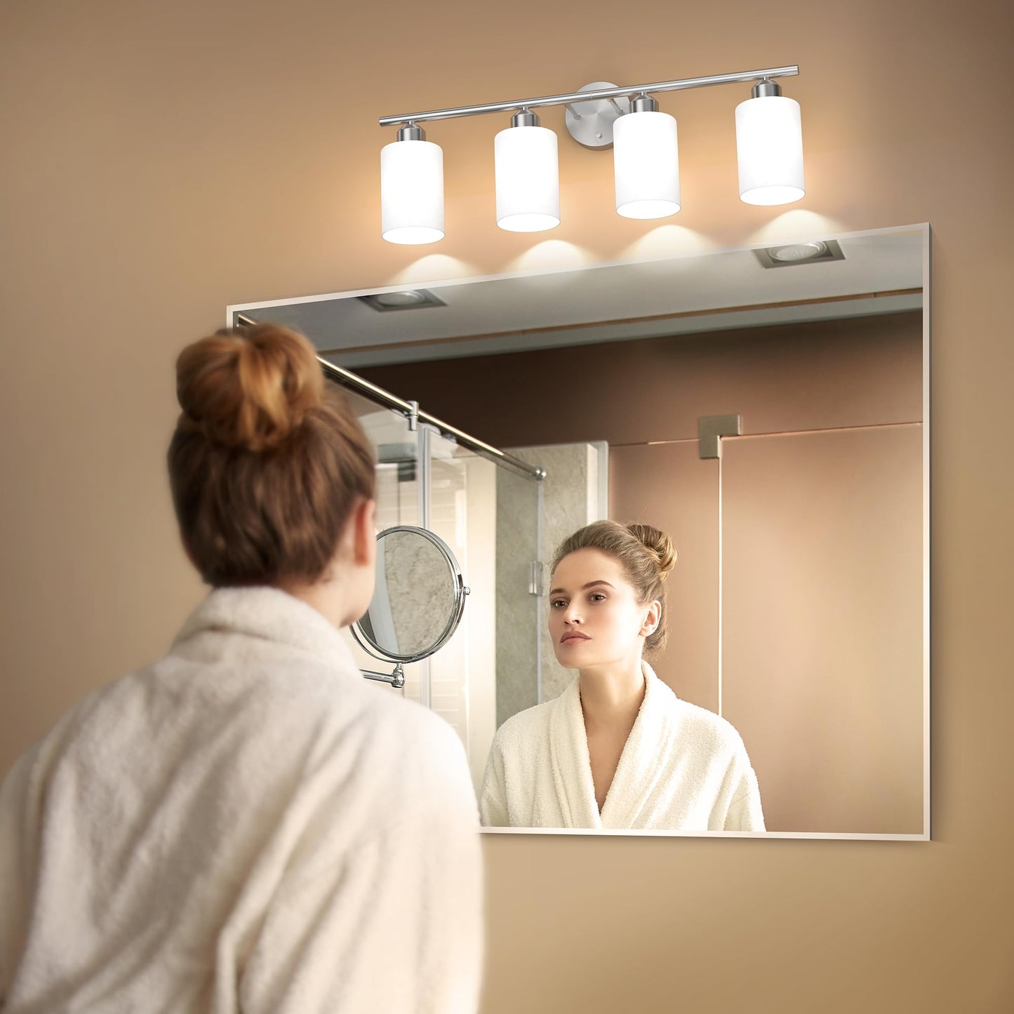 Espird Brushed Nickel Bathroom Vanity Light Fixtures, 4 Lights, Textured Frosted Opal Glass Shades, Model L01-4-NL-W