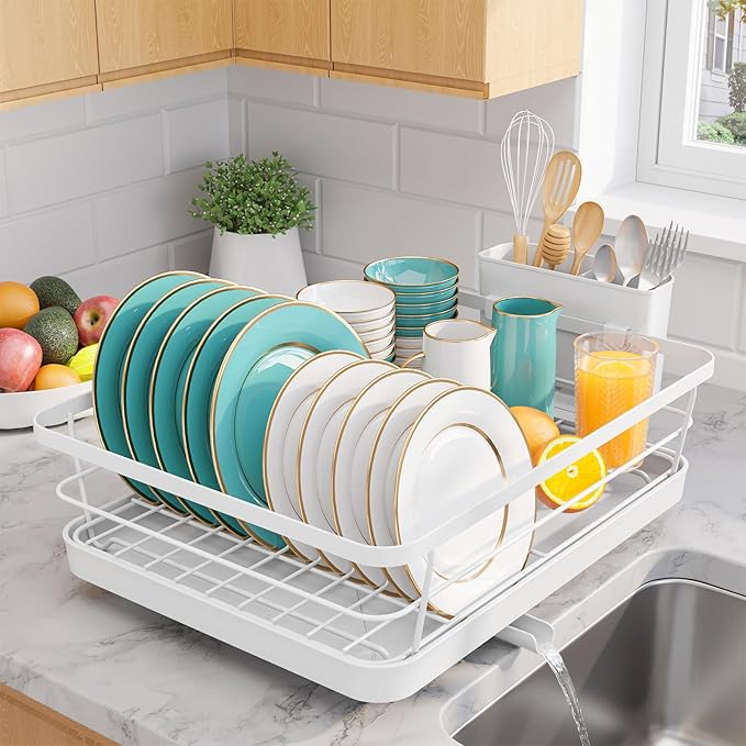 Stainless Steel Dish Drying Rack for Kitchen Counter, Sink Organization and Storage Essentials with Silverware & Utensil Holder, Home and Apartment Decor, 12''W x 15.5''L, White
