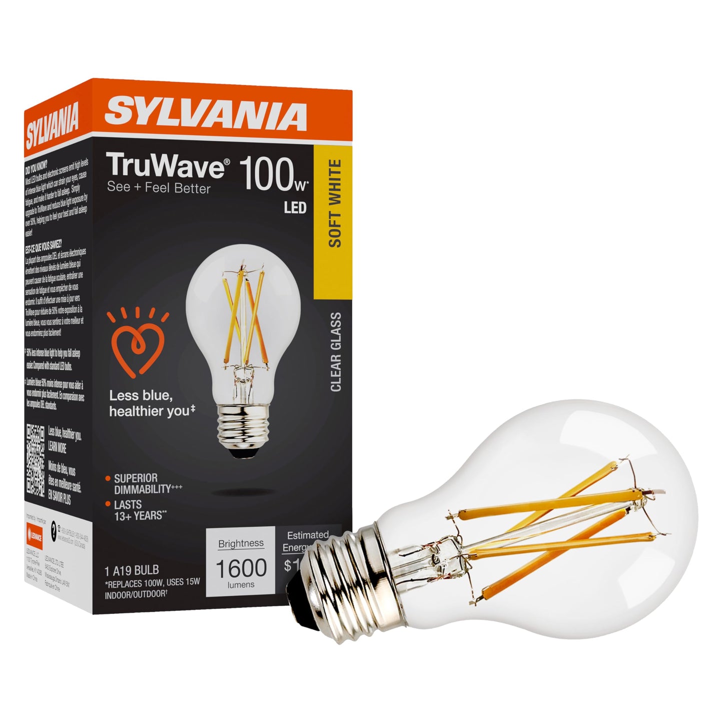Sylvania Led Truwave A19 Light Bulb, 100W Equivalent, Dimmable, 15W, 1600 Lumens, Soft White, 1 Pack, Model 42303