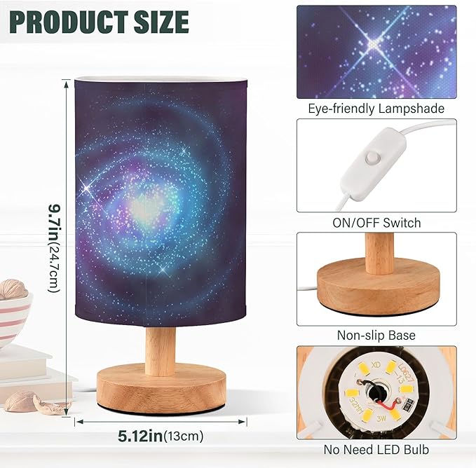 Spiral Galaxy Nebula Starry Night Sky Swirl Nightstand Desk Lamp with Wood Base Fabric Shade for Living Room Bedroom Kids Room Office