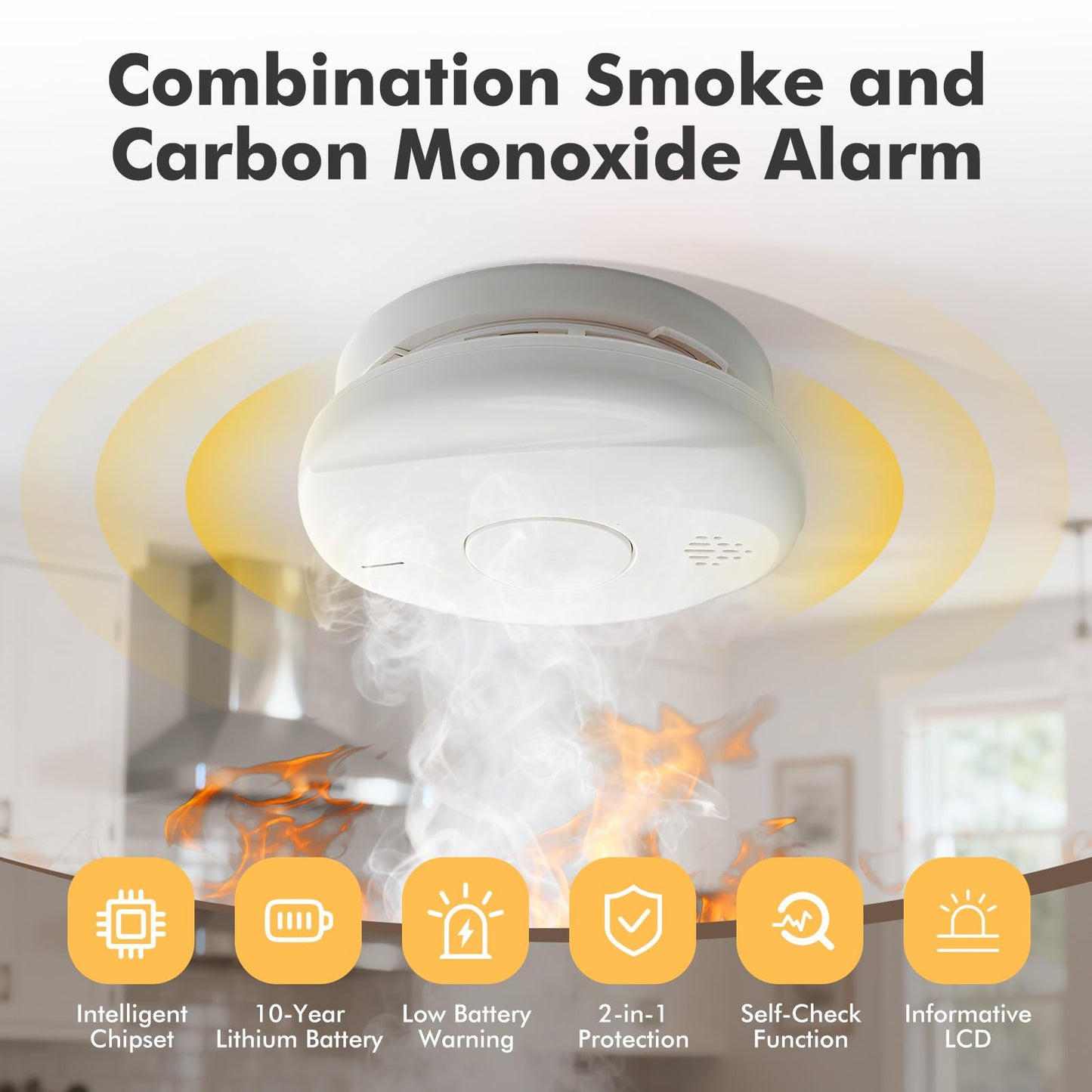 Smoke Detector Smoke and Carbon Monoxide Detector Smoke Detector Carbon Monoxide detectors 10-Year Battery Life, Battery-Powered Smoke and Carbon Monoxide Alarm Combination 3 Pack