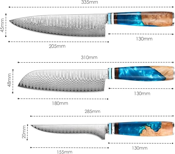 Kuwata Chef Knife Set Damascus, Professional Japanese VG-10 High Carbon Stainless Steel Kitchen Knife Set Chefs Knife, Boning Knives, Santoku Knife, Knife Set for Kitchen with Gift Box