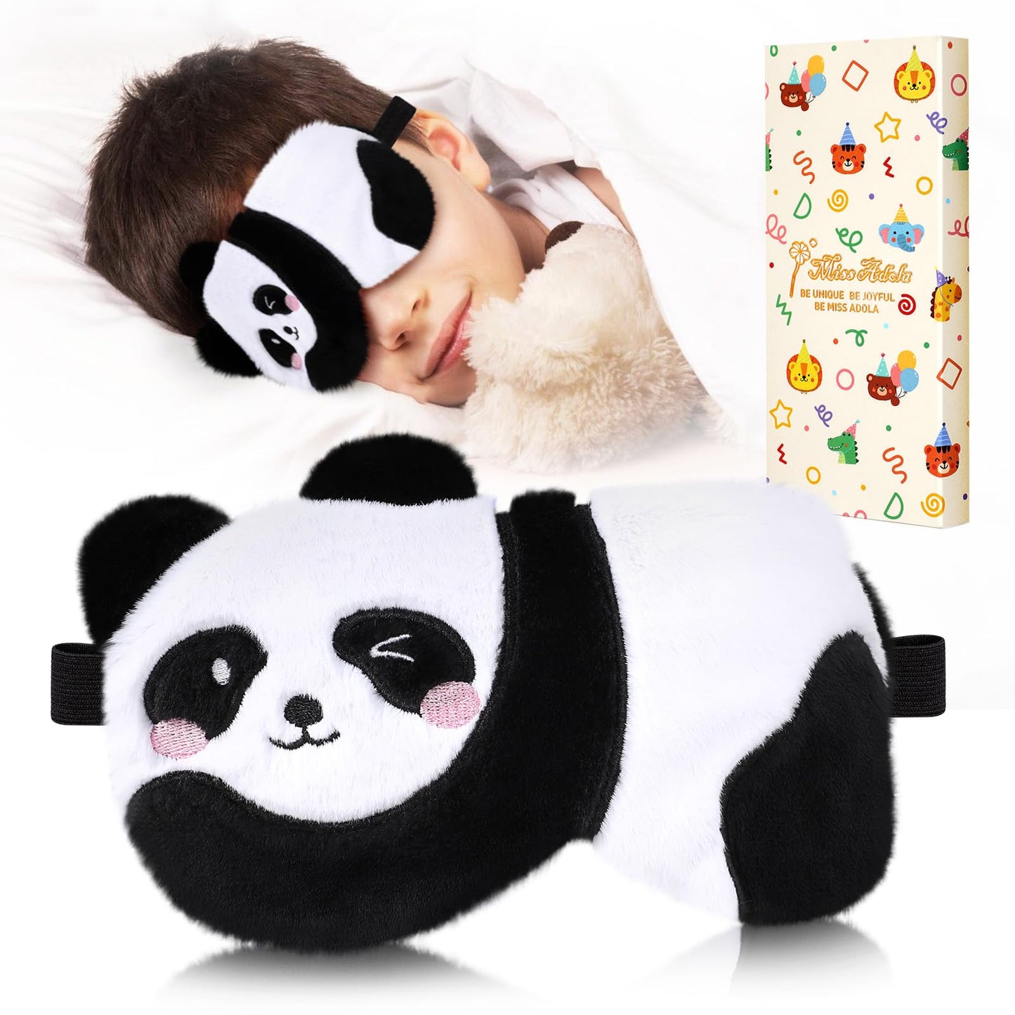 Miss Adola Sleep Mask for Kids - Cute Cartoon Plush Fuffy Sleeping Eye Cover Panda Kawaii Soft Eyeshade with Adjustable Strap Animal Eye Blindfold for Kids Girls Boys Teens