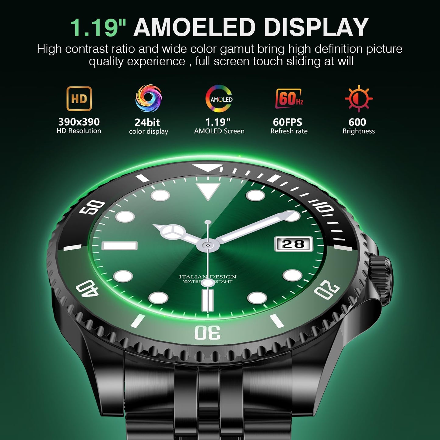 2025 DA GPT Smart Watch with Bluetooth Call,1.19-inch AMOLED Display, 24/7 Heart Rate, Blood Oxygen, Blood Pressure, Sleep Monitor, 107 Sports Fitness Tracker, Compatible Android and iOS Black Green