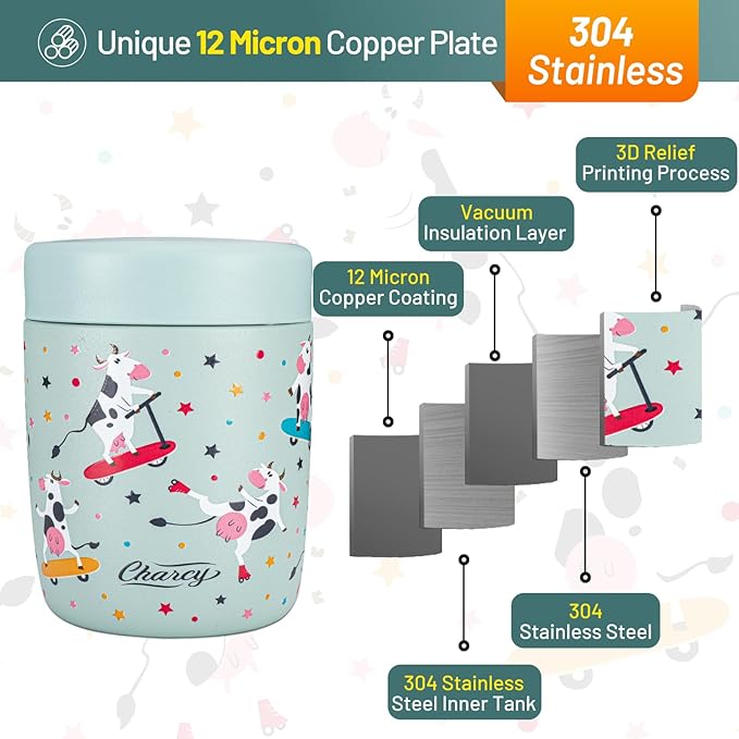 Charcy 9oz Stainless Steel Vacuum Insulated Kids Food Jar - Soup Thermo for Hot & Cold Food - Cyan Dairy Cow