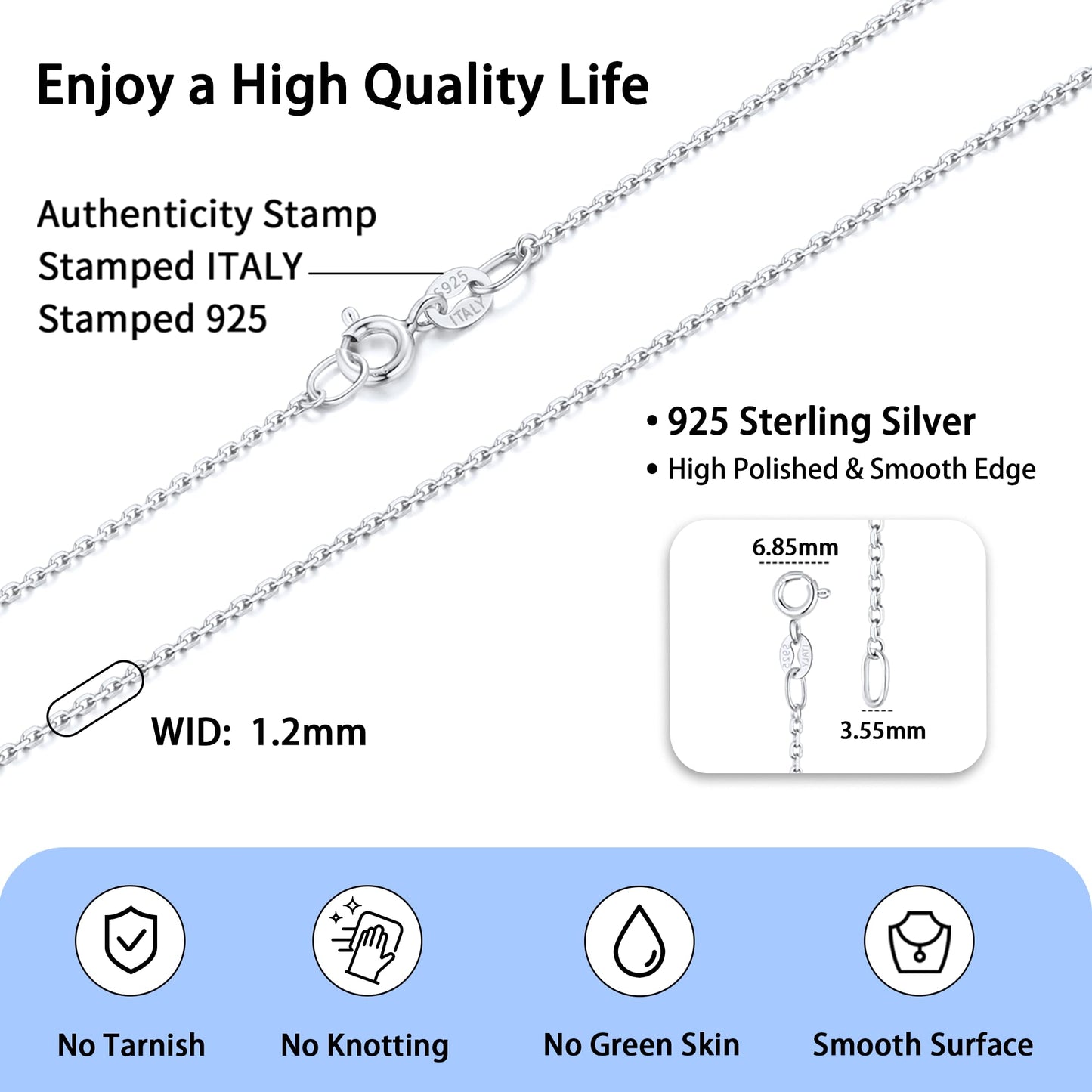 Jewlpire Solid 925 Sterling Silver Chain Necklace for Women, Super Sturdy & Shiny 1.2mm Cable, 20 Inches