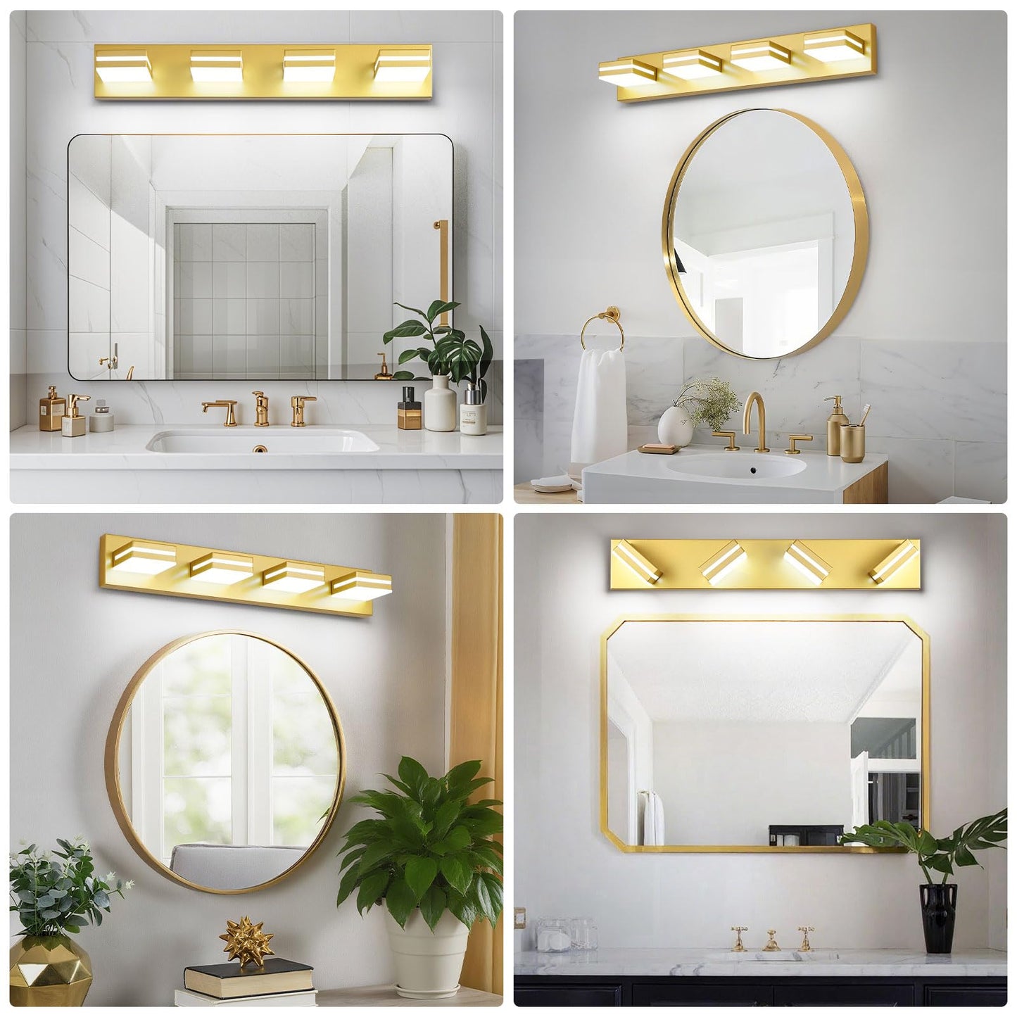 Jzekvn Modern Led Bathroom Lights Fixtures(4-Light) Metal Gold Acrylic Wall Lighting Vanity Lights For Bathroom Over Mirror(6000K 27In
