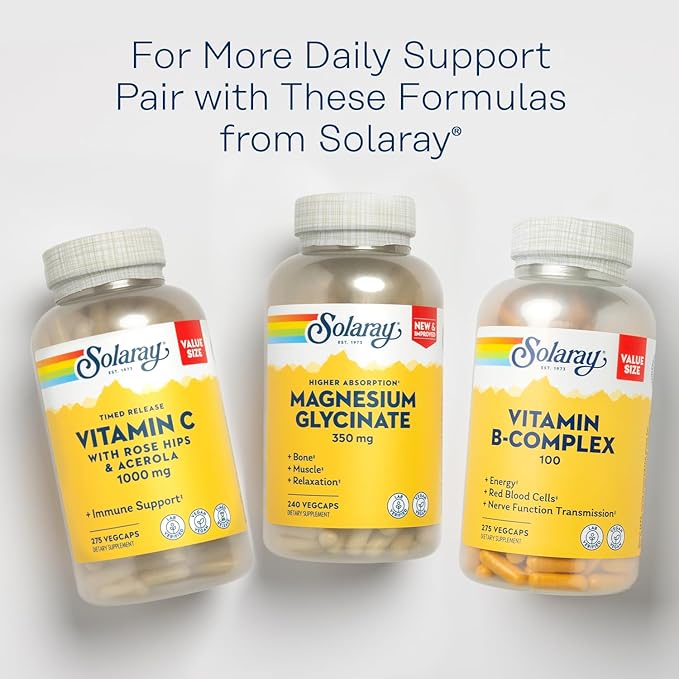SOLARAY Vitamin B Complex 100 mg, Healthy Energy Supplement, Red Blood Cell Formation, Nerve & Immune Support, Super B Complex Vitamins, Folic Acid, Vitamin B6, B12, Biotin, Vegan, 275 VegCaps