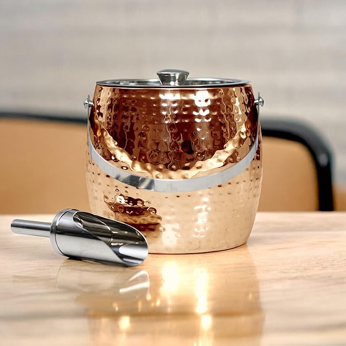 BREKX 3QT Insulated Ice Bucket for Parties with Lid and Scoop- Sweat-Free One Bottle Wine Chiller/Champagne Bucket or Ice Bucket for Cocktail Bar, Leak Proof & Easy to Clean, Rose Gold
