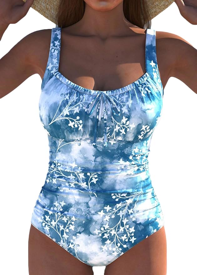 ROSEWE Tummy Control One Piece Swimsuits for Women, Ruched Bathing Suits, Cute Print Shirred Swimwear for Vacation
