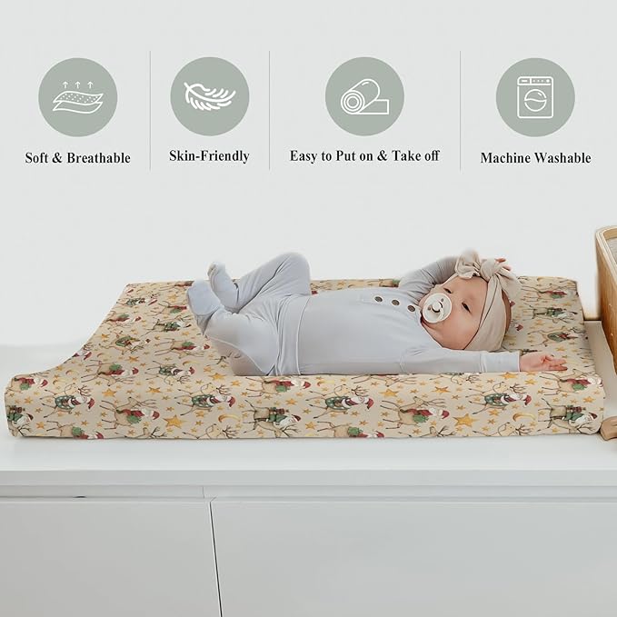 Cute Christmas Santa Claus Reindeer Baby Changing Pad Covers for Boy Girl Vintage Santa Gifts Stars Moon Fitted Changing Table Mats Winter Holiday Festive Soft Diaper Change Table Sheets 32''×16''