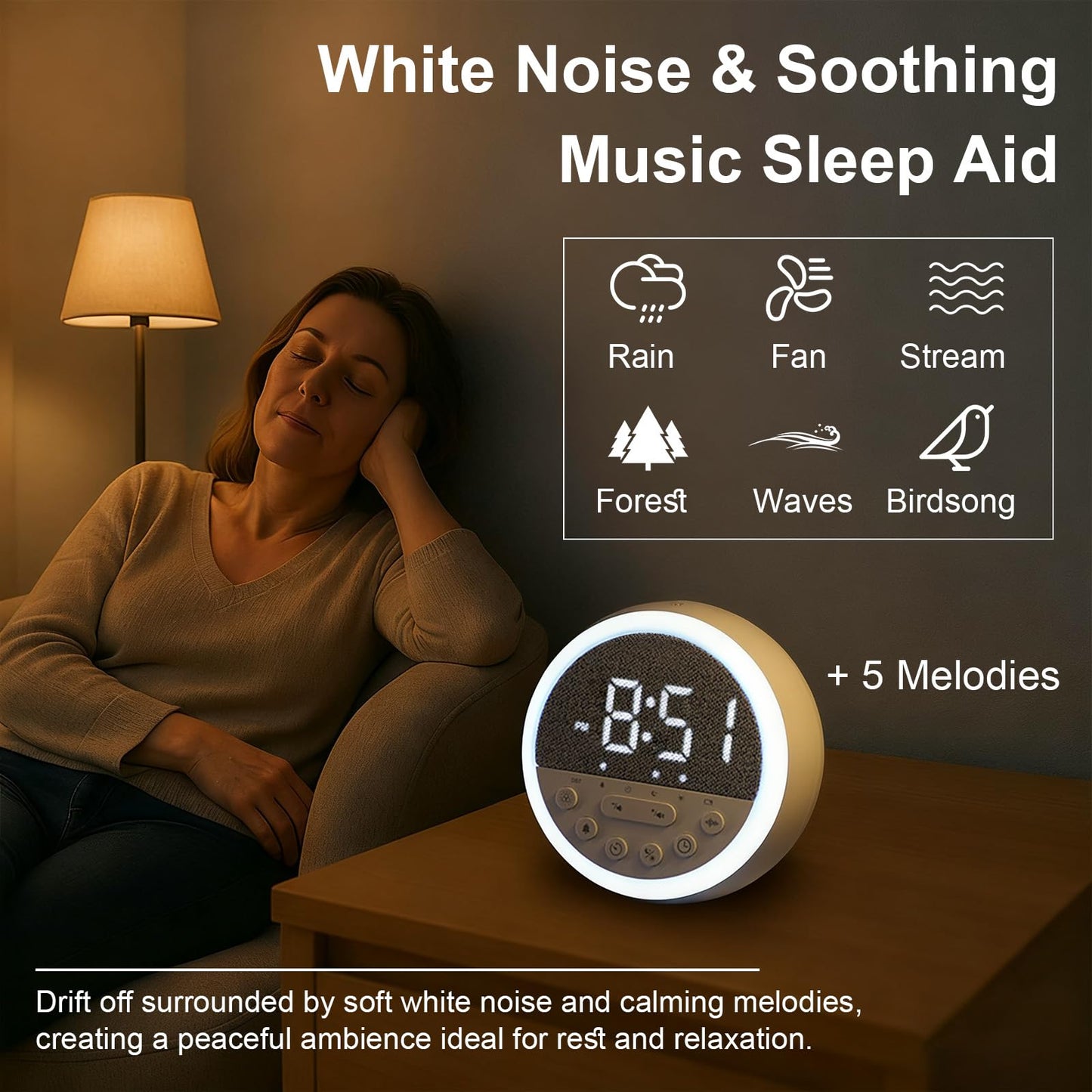 Sunrise Alarm Clock and Sound Machine Nightlight Adjustable Brightness, Rechargeable Wake Up Light Digital, Sleep Timer, Sleep Sounds, White Noise for Baby Kids Adults, Nature Soft Light for Bedroom