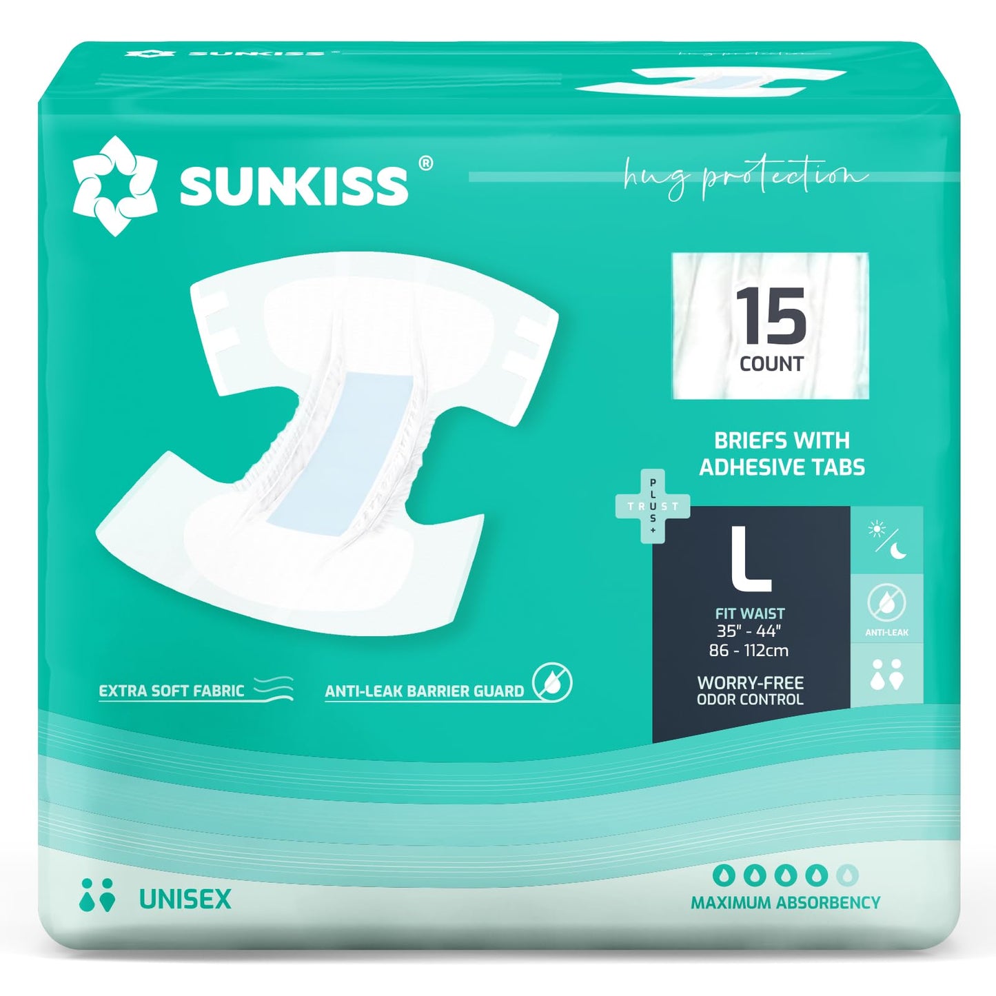 SUNKISS TrustPlus Adult Diapers with Maximum Absorbency, Unisex Disposable Incontinence Briefs with Tabs for Men and Women, Odor Control, Large, 15 Count