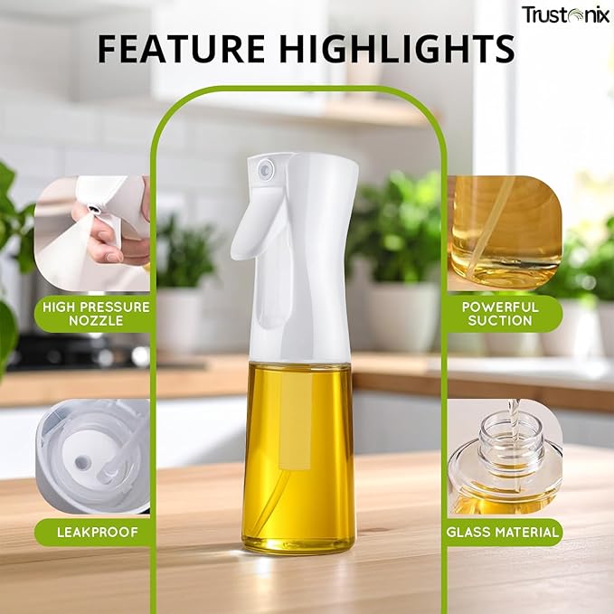 TRUSTONIX-Glass Oil Spray Bottle for Cooking, Baking & Grilling | Mister Oil Sprayer with Fine Mist | Refillable Cooking Oil Spray Bottle for Air Fryer & Salad | Leakproof | Lightweight | 6.7 ounce