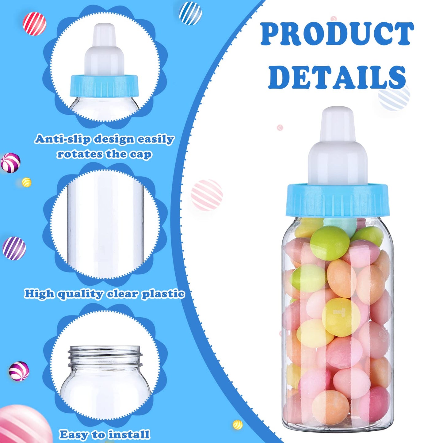 PINKXHY 60 Pcs 4.5 Inch Baby Mini Milk Bottle Baby Shower Favor Fillable Feeding Bottle Candy Box Small Plastic Candy Container DIY Gift for Boy Girl Newborn Baptism Party Decor (Blue)